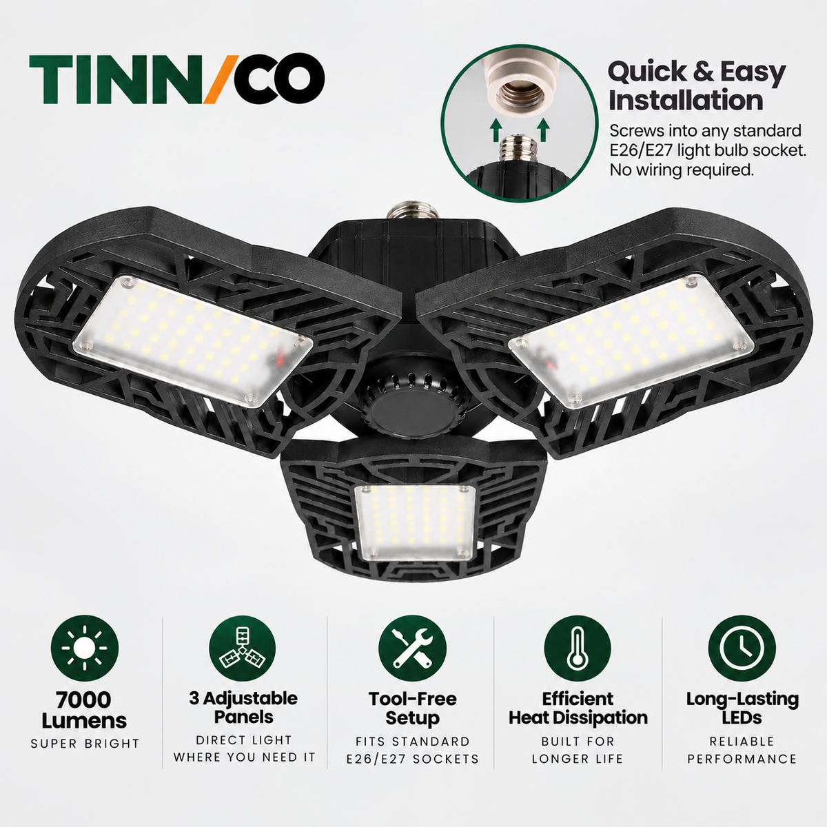 7000-Lumen LED Garage Light – Adjustable 3-Panel